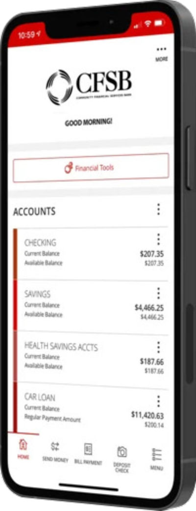screenshot of CFSB's digital banking app on a cell phone