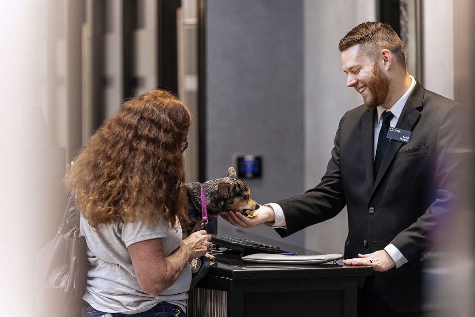 Bank employee feeding a dog treat to a clients dog